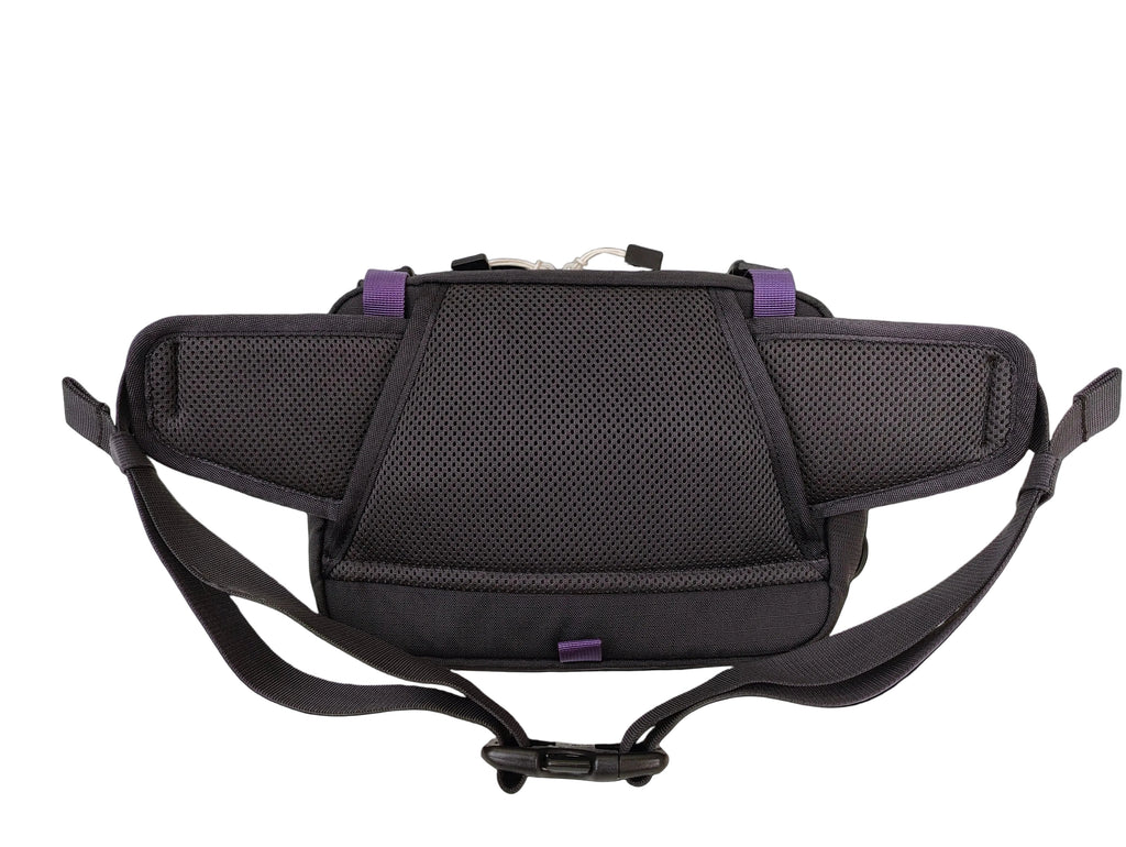 Black mesh and fabric waist bag with adjustable straps and small purple accent details, shown against a plain white background.