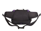 Black mesh and fabric waist bag with adjustable straps and small purple accent details, shown against a plain white background.