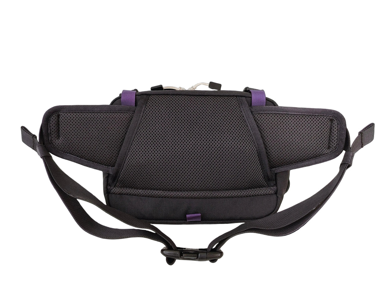 Black mesh and fabric waist bag with adjustable straps and small purple accent details, shown against a plain white background.